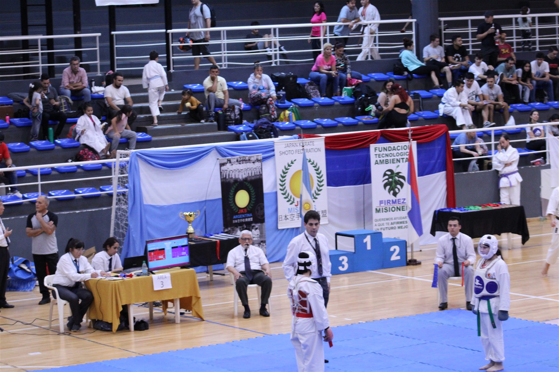 Dos personas practicando karate sobre un tatami, con un cartel de Fundación Firmeza visible al fondo